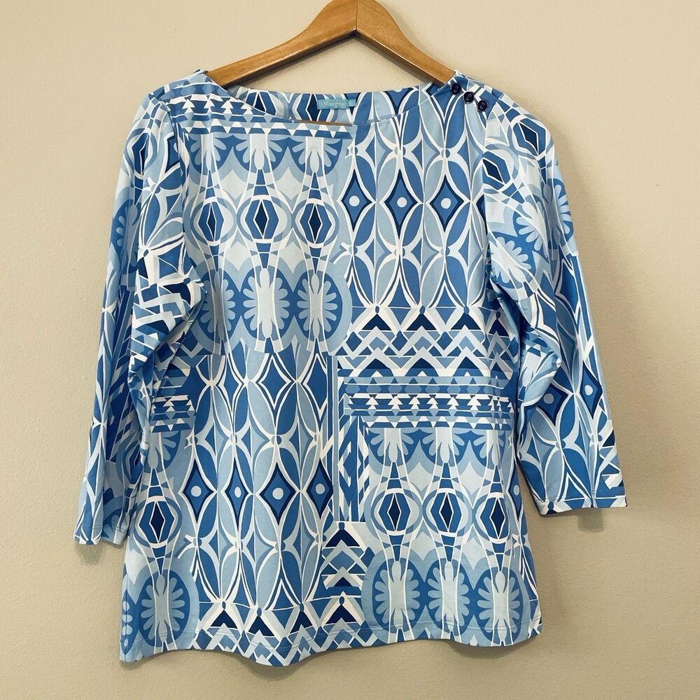 J. McLaughlin Catalina Cloth Top L Blue White Buttons Boat Neck Stretch Travel
